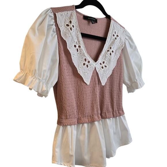 Ava Rose Women's Puff Sleeve Knit Blouse Small Pink White Contrast Peplum - Picture 3 of 8